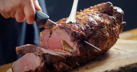 Side View Thanksgiving HERB-CRUSTED PRIME RIB Stock Footage