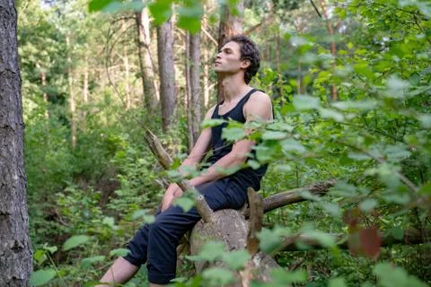 Side view of thoughtful man looking away while sitting on log against trees in Stock Photos