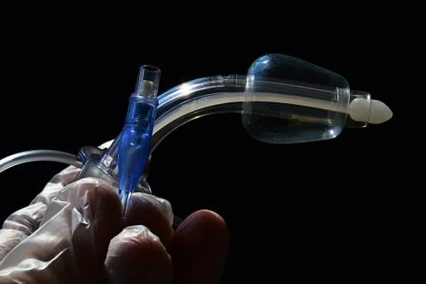 Side view of tracheostomy cannula with white obturator Stock Photos