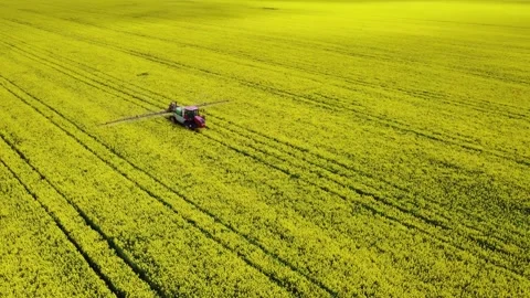 Side view of a tractor spraying an agricultural field with pesticides Stock-Footage 253886512