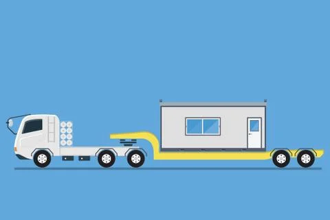 Side view of trailer transporting container office construction site, vector Stock Illustration
