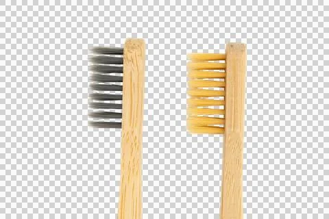Side view of two bamboo toothbrush bristle heads isolated PNG Stock Photos