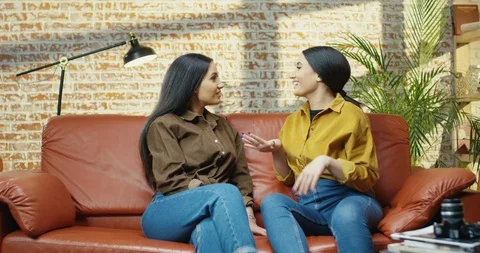 Side view of two beautiful happy twins sisters smiling while having conversation Stock Footage 127214414