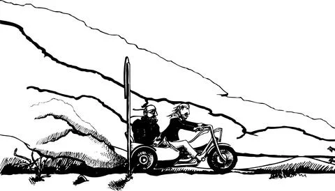Side view of two bikers driving on a motorcycle with side car Stock Illustration