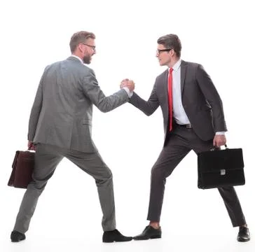 Side view. two business competitors showing their strength. Stock Photos