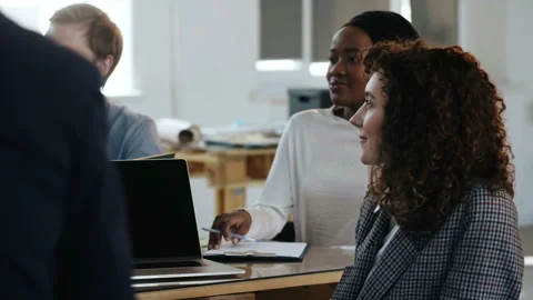 Side view two female corporate colleagues, African and Caucasian professional Video stock 108914143