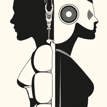 Side view of two humanoid robots standing back to back. Artificial intelligence Stock Illustration