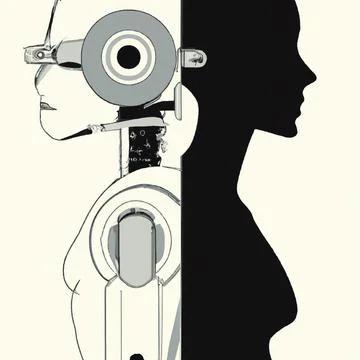 Side view of two humanoid robots standing back to back. Artificial intelligence Stock Illustration