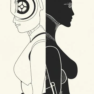 Side view of two humanoid robots standing back to back. Artificial intelligence Stock Illustration