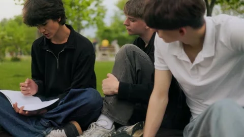 Side View of Two Teen Students Writing and Talking on Park Grass Stock Footage 334860281