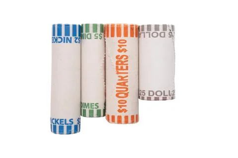 Side view of US coins in roll wrappers isolated on a white background 库存照片