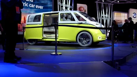Side view utonomous  VW self-driving vehiclae on display at DetroitAuto Show Stock Footage 71592390
