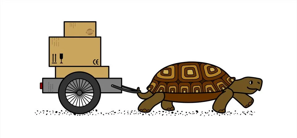 Side View Of A Vector Cute Land Turtle Carrying A Cart With Boxes. Cardboard  Stock Illustration