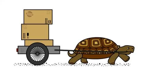 Side View Of A Vector Cute Land Turtle Carrying A Cart With Boxes. Cardboard  Stockillustratie