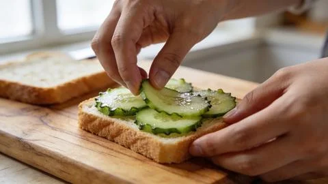 Side view vegetables hands making a sandwich breakfast time preparation food bre Фото