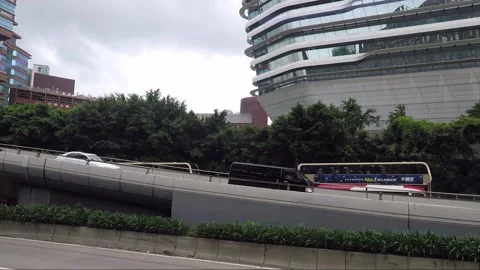 Side View Vehicle Shot, Street View from Bus Window, Driving, Kowloon, Hong Kong Stock Footage 343351553