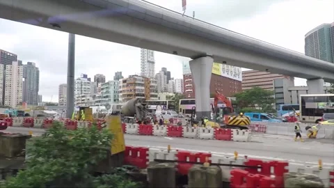 Side View Vehicle Shot, Street View from Bus Window, Driving, Kowloon, Hong Kong Stock Footage 343661960