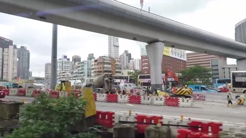 Side View Vehicle Shot, Street View from Bus Window, Driving, Kowloon, Hong Kong Stock Footage 343661961