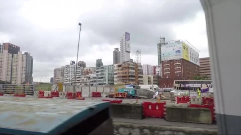 Side View Vehicle Shot, Street View from Bus Window, Driving, Kowloon, Hong Kong Stock Footage 343661973