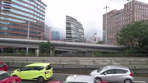 Side View Vehicle Shot, Street View from Bus Window, Driving, Kowloon, Hong Kong Stock Footage 343662735