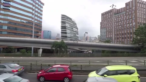 Side View Vehicle Shot, Street View from Bus Window, Driving, Kowloon, Hong Kong Stock Footage 343662736