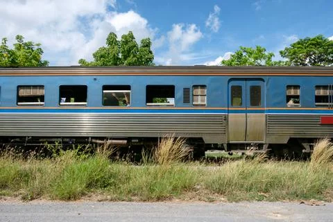 Side view vintage bogie train on rail Stock Photos