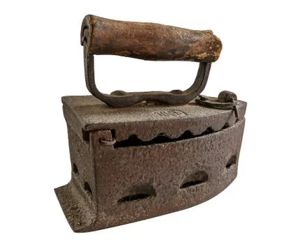 Side view of a vintage old rusty coal iron isolated in white background Stock Photos