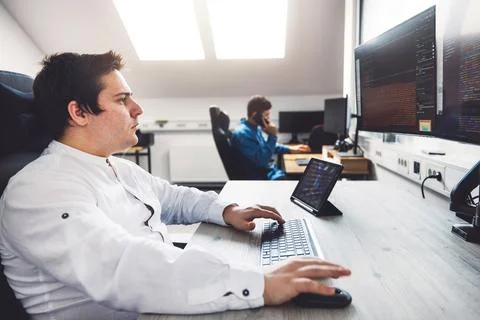 Side view waist up of two IT programmers coding in a bright office with lost of Stock Photos