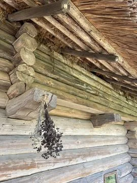 Side view of the wall of a log peasant house Stock Photos