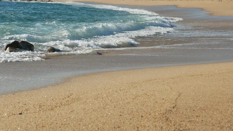 Side view of waves breaking on sandy shore at beach in summer. Stock Footage 108517153
