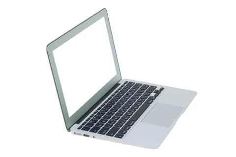 Side view of white laptop closeup on white background Stock Photos