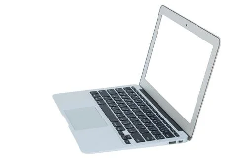 Side view of white laptop closeup on white background Stock Photos
