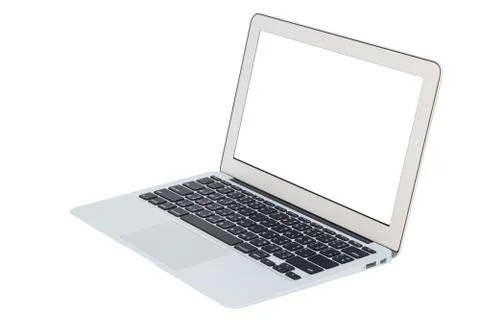 Side view of white laptop closeup on white background Stock Photos