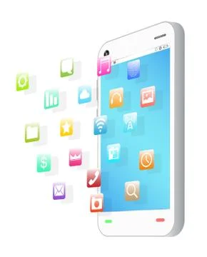 Side view of white smartphone with floating application icon Illustrazione stock