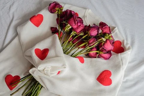 Side View White Sweater Hugging Pink Roses Stock Photos