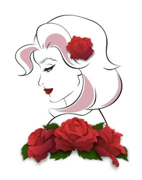 Side view of a woman, looking down and smiling. Stock Illustration