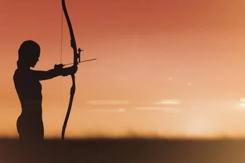 Side view of woman practicing archery against sunset Stock Illustration