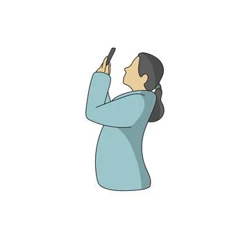Side view of woman using mobile phone illustration vector hand drawn Stock Illustration