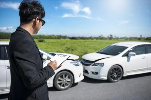 Side view of writing on clipboard while insurance agent Stock Photos