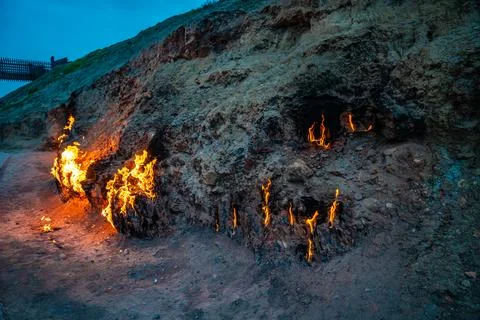 Side view of Yanar Dag fire mountain Stock Photos