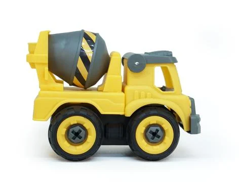 Side view of Yellow plastic concrete mixer truck toy isolated on white back.. Stock Photos