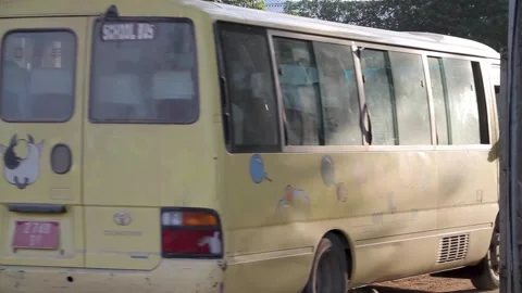A side view of a yellow school bus with cartoon balloon decorations on its Stock Footage 344035751