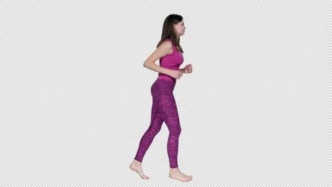 Side view young active female in pink top and leggings jogging barefoot, alpha Video stock 245619953