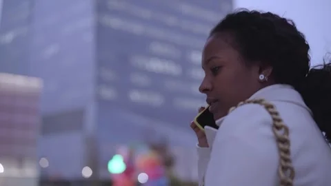 Side view young African American elegant business woman talking on phone walking Stock Footage 248326256