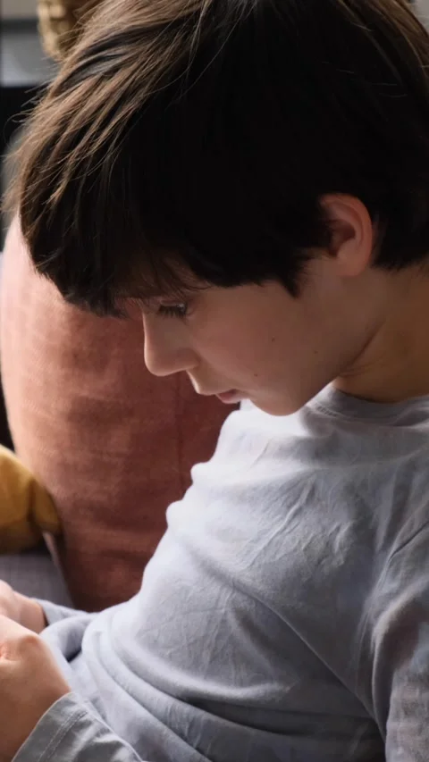Side View of a Young Boy Focused on a Smartphone While Sitting on a Couch Stock Footage 326162716