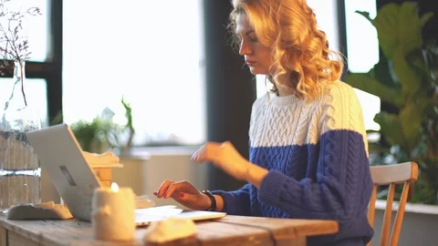 Side view of young casual beatiful attractive young european student office Stock Footage 117254417