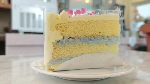 Side view of young coconut chiffon cake slice. Stock Footage 342309742