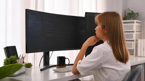 Side view of young developer looking at coded data on computer screen 库存照片