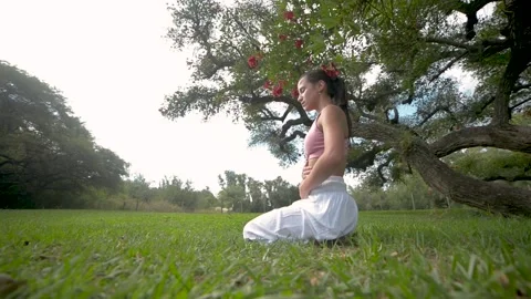 Side View of Young Woman Practicing Breath exercise Under a Tree in a Park.Yo Stock Footage 192527547
