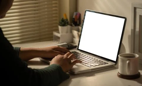 Side view of young woman using laptop while sitting in comfortable workplace. Foto stock